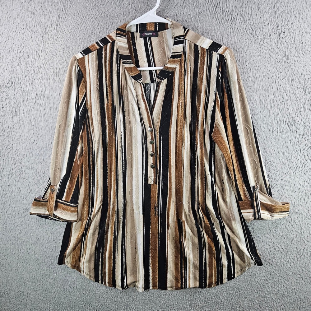Cocomo Womens Brown Striped Embroidered 3/4‎ Sleeve Button Tab Blouse Top Size M
